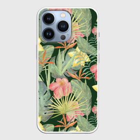 Чехол для iPhone 13 Pro с принтом Тропические растения и цветы в Санкт-Петербурге,  |  | банан | желтый | зеленый | красный | листья | орхидея | пальма | плюмерия | стрелиция | тропики | цветы | экзотика