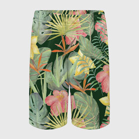 Детские спортивные шорты 3D с принтом Тропические растения и цветы в Санкт-Петербурге,  100% полиэстер
 | пояс оформлен широкой мягкой резинкой, ткань тянется
 | банан | желтый | зеленый | красный | листья | орхидея | пальма | плюмерия | стрелиция | тропики | цветы | экзотика