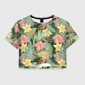 Женская футболка Crop-top 3D с принтом Тропические растения и цветы в Санкт-Петербурге, 100% полиэстер | круглая горловина, длина футболки до линии талии, рукава с отворотами | банан | желтый | зеленый | красный | листья | орхидея | пальма | плюмерия | стрелиция | тропики | цветы | экзотика