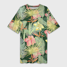 Платье-футболка 3D с принтом Тропические растения и цветы в Санкт-Петербурге,  |  | банан | желтый | зеленый | красный | листья | орхидея | пальма | плюмерия | стрелиция | тропики | цветы | экзотика