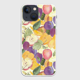 Чехол для iPhone 13 mini с принтом Фрукты. Фруктовый сад в Санкт-Петербурге,  |  | груша | желтый | лист | плод | половина | сад | слива | сочный | спелый | урожай | фиолетовый | фрукты | целое | яблоко