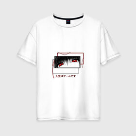 Женская футболка хлопок Oversize с принтом Yumeko Jabami в Санкт-Петербурге, 100% хлопок | свободный крой, круглый ворот, спущенный рукав, длина до линии бедер
 | yumeko jabami | аниме | аниме девушка | безумный азарт | глаза | девушка | рамка | цепи | юмеко джабами | япония | японская фраза