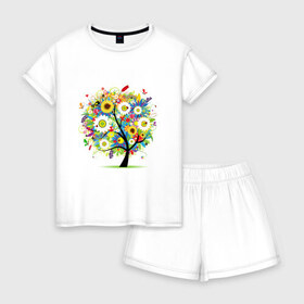 Женская пижама с шортиками хлопок с принтом Flowering tree в Санкт-Петербурге, 100% хлопок | футболка прямого кроя, шорты свободные с широкой мягкой резинкой | бабочки | девушкам | зелень | природа | цветы