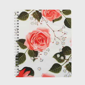 Тетрадь с принтом Нежные розы в Санкт-Петербурге, 100% бумага | 48 листов, плотность листов — 60 г/м2, плотность картонной обложки — 250 г/м2. Листы скреплены сбоку удобной пружинной спиралью. Уголки страниц и обложки скругленные. Цвет линий — светло-серый
 | Тематика изображения на принте: арт | белый | зеленый | красная роза | красные розы | красный | рисунок | роза | розовая роза | розовые розы | розовый | розы | цветок | цветы