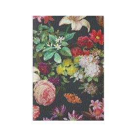Обложка для паспорта матовая кожа с принтом Цветы в Санкт-Петербурге, натуральная матовая кожа | размер 19,3 х 13,7 см; прозрачные пластиковые крепления | арт | бабочка | бабочки | белая лилия | белый | желтый | зеленый | картина | краски | красный | лилии | лилия | рисунок | рисунок красками | роза | розовая роза | розовый | розы | тёмный | фиолетовый