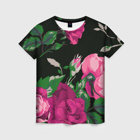 Женская футболка 3D с принтом Розы в Санкт-Петербурге, 100% полиэфир ( синтетическое хлопкоподобное полотно) | прямой крой, круглый вырез горловины, длина до линии бедер | арт | бутон | бутоны | зеленый | краски | кусты роз | рисунок | роза | розовая роза | розовые розы | розовый | розы
