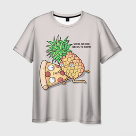 Мужская футболка 3D с принтом No one needs to know в Санкт-Петербурге, 100% полиэфир | прямой крой, круглый вырез горловины, длина до линии бедер | hawaiian | hawaiian pizza | pineapple | pizza | pizza with pineapple | ананас и пицца | ананса | гавайская | гавайская пицца | пицца | пицца с ананасом