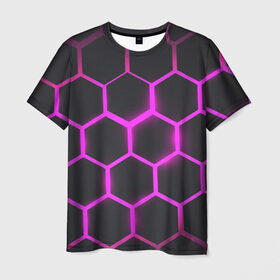 Мужская футболка 3D с принтом соты в Санкт-Петербурге, 100% полиэфир | прямой крой, круглый вырез горловины, длина до линии бедер | абстракция | геометрия | неоновые соты | соты | шестиугольник