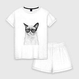 Женская пижама с шортиками хлопок с принтом Кот хипстер в Санкт-Петербурге, 100% хлопок | футболка прямого кроя, шорты свободные с широкой мягкой резинкой | grumpy cat | арт | кот | кошка | очки | рисунок | хипстер | черный | чёрный белый