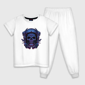 Детская пижама хлопок с принтом Череп Байкера в Санкт-Петербурге, 100% хлопок |  брюки и футболка прямого кроя, без карманов, на брюках мягкая резинка на поясе и по низу штанин
 | bike | biker | blue | forcer | gang | gangster | harley | helmet | horror | motorcycle | piston | scary | skeleton | skull | skulls | wrench | байк | банда | бандит | гаечный | ключ | мото | поршень | поршни | синий | скелет | страшный | ужас | 