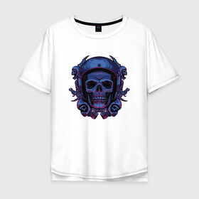 Мужская футболка хлопок Oversize с принтом Череп Байкера в Санкт-Петербурге, 100% хлопок | свободный крой, круглый ворот, “спинка” длиннее передней части | bike | biker | blue | forcer | gang | gangster | harley | helmet | horror | motorcycle | piston | scary | skeleton | skull | skulls | wrench | байк | банда | бандит | гаечный | ключ | мото | поршень | поршни | синий | скелет | страшный | ужас | 