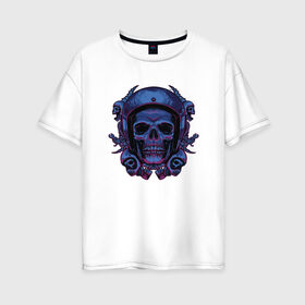 Женская футболка хлопок Oversize с принтом Череп Байкера в Санкт-Петербурге, 100% хлопок | свободный крой, круглый ворот, спущенный рукав, длина до линии бедер
 | bike | biker | blue | forcer | gang | gangster | harley | helmet | horror | motorcycle | piston | scary | skeleton | skull | skulls | wrench | байк | банда | бандит | гаечный | ключ | мото | поршень | поршни | синий | скелет | страшный | ужас | 