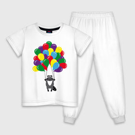 Детская пижама хлопок с принтом Енот с шариками в Санкт-Петербурге, 100% хлопок |  брюки и футболка прямого кроя, без карманов, на брюках мягкая резинка на поясе и по низу штанин
 | Тематика изображения на принте: воздушные шарики | енот | мультяшный | разноцветный