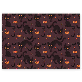 Поздравительная открытка с принтом Хэллоуиновский кот в Санкт-Петербурге, 100% бумага | плотность бумаги 280 г/м2, матовая, на обратной стороне линовка и место для марки
 | Тематика изображения на принте: арт | конфеты | кот | котёнок | кошка | оранжевый | рисунок | тёмный | тыква | тыквы | фиолетовый | хеллоуин | хэллоуин | чёрный
