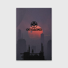 Обложка для паспорта матовая кожа с принтом Cyberpunk 2077 - (Arasaka) в Санкт-Петербурге, натуральная матовая кожа | размер 19,3 х 13,7 см; прозрачные пластиковые крепления | Тематика изображения на принте: arasaka | cyberpunk 2077 | cyberpunk 2077 (arasaka) | город | игра | луна | минимализм | рисунок