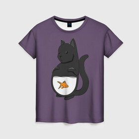 Женская футболка 3D с принтом Довольный кот в Санкт-Петербурге, 100% полиэфир ( синтетическое хлопкоподобное полотно) | прямой крой, круглый вырез горловины, длина до линии бедер | аквариум | арт | вода | золотая рыбка | кот | котёнок | кошка | рисунок | рыба | рыбка | фиолетовый | чёрная кошка | черный кот | чёрный котёнок
