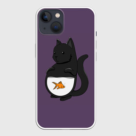 Чехол для iPhone 13 с принтом Довольный кот в Санкт-Петербурге,  |  | аквариум | арт | вода | золотая рыбка | кот | котёнок | кошка | рисунок | рыба | рыбка | фиолетовый | чёрная кошка | черный кот | чёрный котёнок
