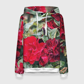 Женская толстовка 3D с принтом Red Roses в Санкт-Петербурге, 100% полиэстер  | двухслойный капюшон со шнурком для регулировки, мягкие манжеты на рукавах и по низу толстовки, спереди карман-кенгуру с мягким внутренним слоем. | bush | floral | flower | garden | green | nature | red roses | бутоны | красная роза | куст | листья | природа | роза | сад | цветение | цветок | цветы