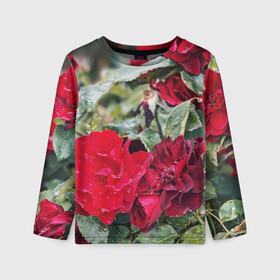 Детский лонгслив 3D с принтом Red Roses в Санкт-Петербурге, 100% полиэстер | длинные рукава, круглый вырез горловины, полуприлегающий силуэт
 | Тематика изображения на принте: bush | floral | flower | garden | green | nature | red roses | бутоны | красная роза | куст | листья | природа | роза | сад | цветение | цветок | цветы