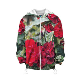 Детская куртка 3D с принтом Red Roses в Санкт-Петербурге, 100% полиэстер | застежка — молния, подол и капюшон оформлены резинкой с фиксаторами, по бокам — два кармана без застежек, один потайной карман на груди, плотность верхнего слоя — 90 г/м2; плотность флисового подклада — 260 г/м2 | Тематика изображения на принте: bush | floral | flower | garden | green | nature | red roses | бутоны | красная роза | куст | листья | природа | роза | сад | цветение | цветок | цветы