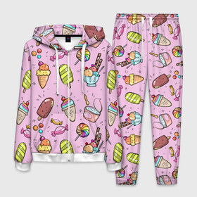 Мужской костюм 3D с принтом Сладкоежка в Санкт-Петербурге, 100% полиэстер | Манжеты и пояс оформлены тканевой резинкой, двухслойный капюшон со шнурком для регулировки, карманы спереди | вафельный стаканчик | дарже | десерты | закуски | конфеты | леденец | мороженное | пломбир | сладкое | сладкоежка | снеки | шоколадки