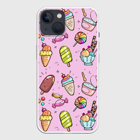 Чехол для iPhone 13 с принтом Сладкоежка в Санкт-Петербурге,  |  | вафельный стаканчик | дарже | десерты | закуски | конфеты | леденец | мороженное | пломбир | сладкое | сладкоежка | снеки | шоколадки