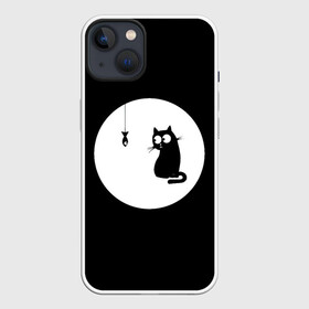 Чехол для iPhone 13 с принтом Ночная охота в Санкт-Петербурге,  |  | арт | кот | котёнок | кошка | луна | ночь | рисунок | рыба | рыбалка | черная кошка | черный кот | чёрный котёнок