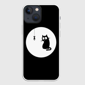 Чехол для iPhone 13 mini с принтом Ночная охота в Санкт-Петербурге,  |  | арт | кот | котёнок | кошка | луна | ночь | рисунок | рыба | рыбалка | черная кошка | черный кот | чёрный котёнок
