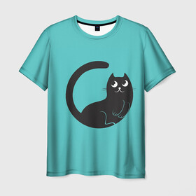 Мужская футболка 3D с принтом Чёрный котя в Санкт-Петербурге, 100% полиэфир | прямой крой, круглый вырез горловины, длина до линии бедер | Тематика изображения на принте: арт | бирюзовый | вектор | зеленый | кот | котёнок | кошка | рисунок | чёрная кошка | чёрный | чёрный кот | чёрный котёнок