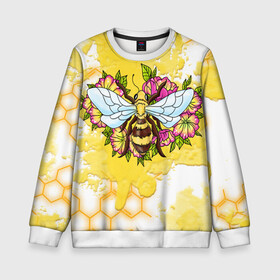 Детский свитшот 3D с принтом Пчела в Санкт-Петербурге, 100% полиэстер | свободная посадка, прямой крой, мягкая тканевая резинка на рукавах и понизу свитшота | Тематика изображения на принте: крылья | мёд | оса | пчела | пчёлы | соты | цветы