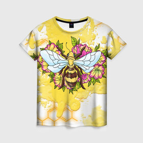 Женская футболка 3D с принтом Пчела в Санкт-Петербурге, 100% полиэфир ( синтетическое хлопкоподобное полотно) | прямой крой, круглый вырез горловины, длина до линии бедер | крылья | мёд | оса | пчела | пчёлы | соты | цветы