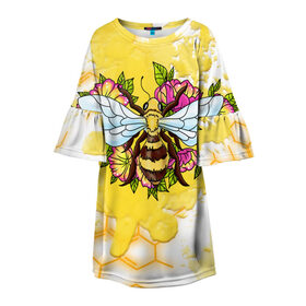 Детское платье 3D с принтом Пчела в Санкт-Петербурге, 100% полиэстер | прямой силуэт, чуть расширенный к низу. Круглая горловина, на рукавах — воланы | Тематика изображения на принте: крылья | мёд | оса | пчела | пчёлы | соты | цветы