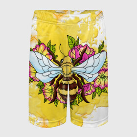 Детские спортивные шорты 3D с принтом Пчела в Санкт-Петербурге,  100% полиэстер
 | пояс оформлен широкой мягкой резинкой, ткань тянется
 | Тематика изображения на принте: крылья | мёд | оса | пчела | пчёлы | соты | цветы