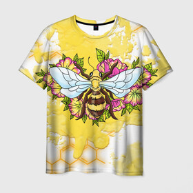 Мужская футболка 3D с принтом Пчела в Санкт-Петербурге, 100% полиэфир | прямой крой, круглый вырез горловины, длина до линии бедер | крылья | мёд | оса | пчела | пчёлы | соты | цветы