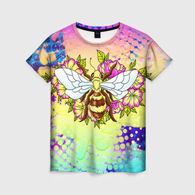 Женская футболка 3D с принтом Пчела и цветы в Санкт-Петербурге, 100% полиэфир ( синтетическое хлопкоподобное полотно) | прямой крой, круглый вырез горловины, длина до линии бедер | космос | пчела | пчёлка | пчёлы | туманность | цветы