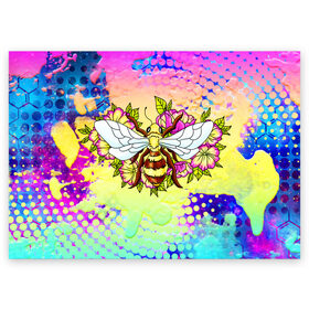 Поздравительная открытка с принтом Пчела и цветы в Санкт-Петербурге, 100% бумага | плотность бумаги 280 г/м2, матовая, на обратной стороне линовка и место для марки
 | космос | пчела | пчёлка | пчёлы | туманность | цветы
