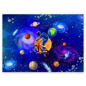 Поздравительная открытка с принтом Space bicycle в Санкт-Петербурге, 100% бумага | плотность бумаги 280 г/м2, матовая, на обратной стороне линовка и место для марки
 | astronaut | bicycle | comet | cosmos | earth | jupiter | mars | moon | saturn | space | spacesuit | star | астронавт | велосипед | звезда | земля | комета | космонавт | космос | луна | марс | сатурн | скафандр | юлитер