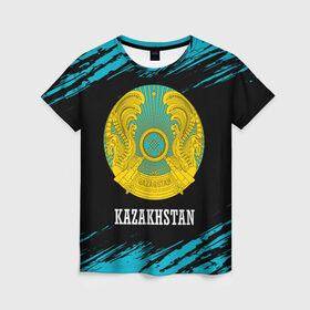 Женская футболка 3D с принтом KAZAKHSTAN / КАЗАХСТАН в Санкт-Петербурге, 100% полиэфир ( синтетическое хлопкоподобное полотно) | прямой крой, круглый вырез горловины, длина до линии бедер | flag | kazakhstan | qazaqstan | герб | захах | казахстан | кахахи | лого | нур султан | республика | символ | страна | флаг