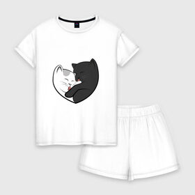 Женская пижама с шортиками хлопок с принтом Влюблённые котики в Санкт-Петербурге, 100% хлопок | футболка прямого кроя, шорты свободные с широкой мягкой резинкой | арт | белая кошка | белый кот | влюблённые | кот | кот и кошка | кошка | любовь | пара | рисунок | чёрная кошка | чёрный кот