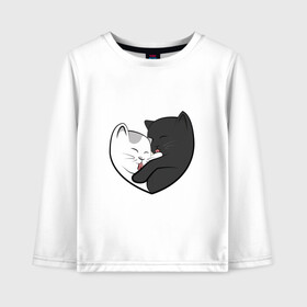 Детский лонгслив хлопок с принтом Влюблённые котики в Санкт-Петербурге, 100% хлопок | круглый вырез горловины, полуприлегающий силуэт, длина до линии бедер | арт | белая кошка | белый кот | влюблённые | кот | кот и кошка | кошка | любовь | пара | рисунок | чёрная кошка | чёрный кот