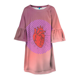 Детское платье 3D с принтом Сердечко на розовом фоне в Санкт-Петербурге, 100% полиэстер | прямой силуэт, чуть расширенный к низу. Круглая горловина, на рукавах — воланы | Тематика изображения на принте: круг | любовь | неон | полосатый | розовый | сердце | сияние | фиолетовый