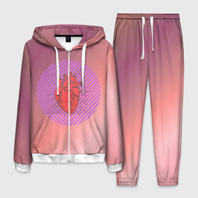Мужской костюм 3D с принтом Сердечко на розовом фоне в Санкт-Петербурге, 100% полиэстер | Манжеты и пояс оформлены тканевой резинкой, двухслойный капюшон со шнурком для регулировки, карманы спереди | круг | любовь | неон | полосатый | розовый | сердце | сияние | фиолетовый