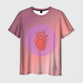 Мужская футболка 3D с принтом Сердечко на розовом фоне в Санкт-Петербурге, 100% полиэфир | прямой крой, круглый вырез горловины, длина до линии бедер | круг | любовь | неон | полосатый | розовый | сердце | сияние | фиолетовый