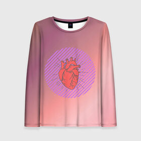 Женский лонгслив 3D с принтом Сердечко на розовом фоне в Санкт-Петербурге, 100% полиэстер | длинные рукава, круглый вырез горловины, полуприлегающий силуэт | круг | любовь | неон | полосатый | розовый | сердце | сияние | фиолетовый