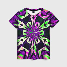 Женская футболка 3D с принтом Kaleidoscope в Санкт-Петербурге, 100% полиэфир ( синтетическое хлопкоподобное полотно) | прямой крой, круглый вырез горловины, длина до линии бедер | abstraction | fractal | kaleidoscope | light green | pattern | purple | symmetry | абстракция | калейдоскоп | салатовый | симметрия | узор | фиолетовый | фрактал