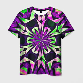 Мужская футболка 3D с принтом Kaleidoscope в Санкт-Петербурге, 100% полиэфир | прямой крой, круглый вырез горловины, длина до линии бедер | abstraction | fractal | kaleidoscope | light green | pattern | purple | symmetry | абстракция | калейдоскоп | салатовый | симметрия | узор | фиолетовый | фрактал