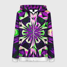Женская толстовка 3D на молнии с принтом Kaleidoscope в Санкт-Петербурге, 100% полиэстер | длина до линии бедра, манжеты и пояс оформлены мягкой тканевой резинкой, двухслойный капюшон со шнурком для регулировки, спереди молния, по бокам два кармана | abstraction | fractal | kaleidoscope | light green | pattern | purple | symmetry | абстракция | калейдоскоп | салатовый | симметрия | узор | фиолетовый | фрактал