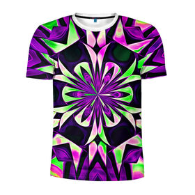 Мужская футболка 3D спортивная с принтом Kaleidoscope в Санкт-Петербурге, 100% полиэстер с улучшенными характеристиками | приталенный силуэт, круглая горловина, широкие плечи, сужается к линии бедра | Тематика изображения на принте: abstraction | fractal | kaleidoscope | light green | pattern | purple | symmetry | абстракция | калейдоскоп | салатовый | симметрия | узор | фиолетовый | фрактал