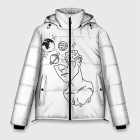 Мужская зимняя куртка 3D с принтом мужчина и планеты в Санкт-Петербурге, верх — 100% полиэстер; подкладка — 100% полиэстер; утеплитель — 100% полиэстер | длина ниже бедра, свободный силуэт Оверсайз. Есть воротник-стойка, отстегивающийся капюшон и ветрозащитная планка. 

Боковые карманы с листочкой на кнопках и внутренний карман на молнии. | Тематика изображения на принте: космос | красавчик | лицо мужчины | минимализм | мужчина | планеты | рисунок линиями | тумблер | чб | черные линии