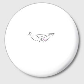 Значок с принтом самолетик в Санкт-Петербурге,  металл | круглая форма, металлическая застежка в виде булавки | белый самолетик | бумажный самолетик | минимализм | розовое сердечко | самолет | самолетик | сердечко | тумблер | чб